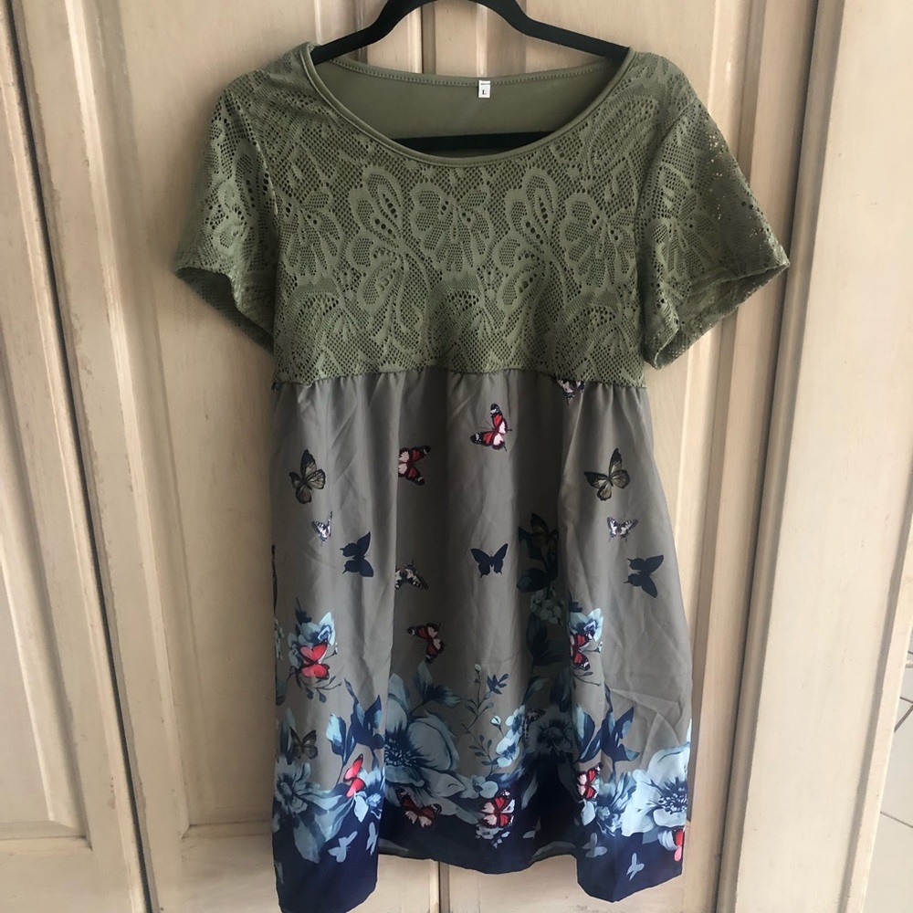 Floral olive green dress.